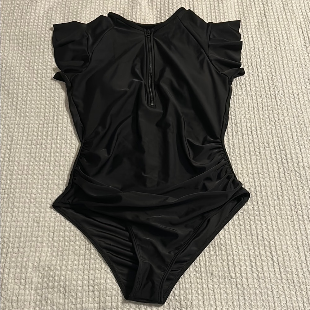 SHEIN Black Ruffle Sleeve One Piece Swimsuit